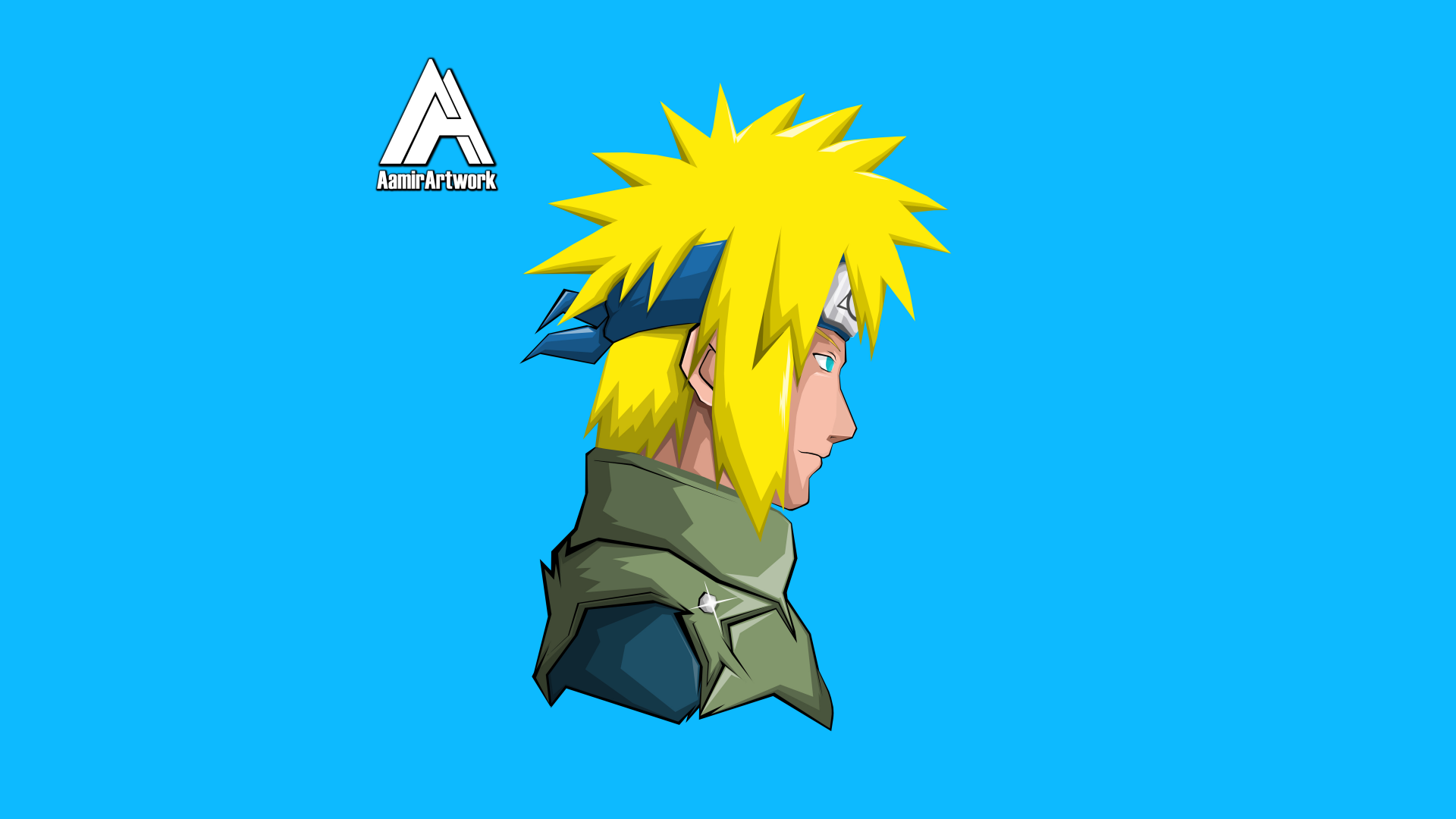Side-profile portrait of Minato Namikaze from Naruto in anime style on a bright blue background — 8K Ultra HD PC desktop wallpaper.