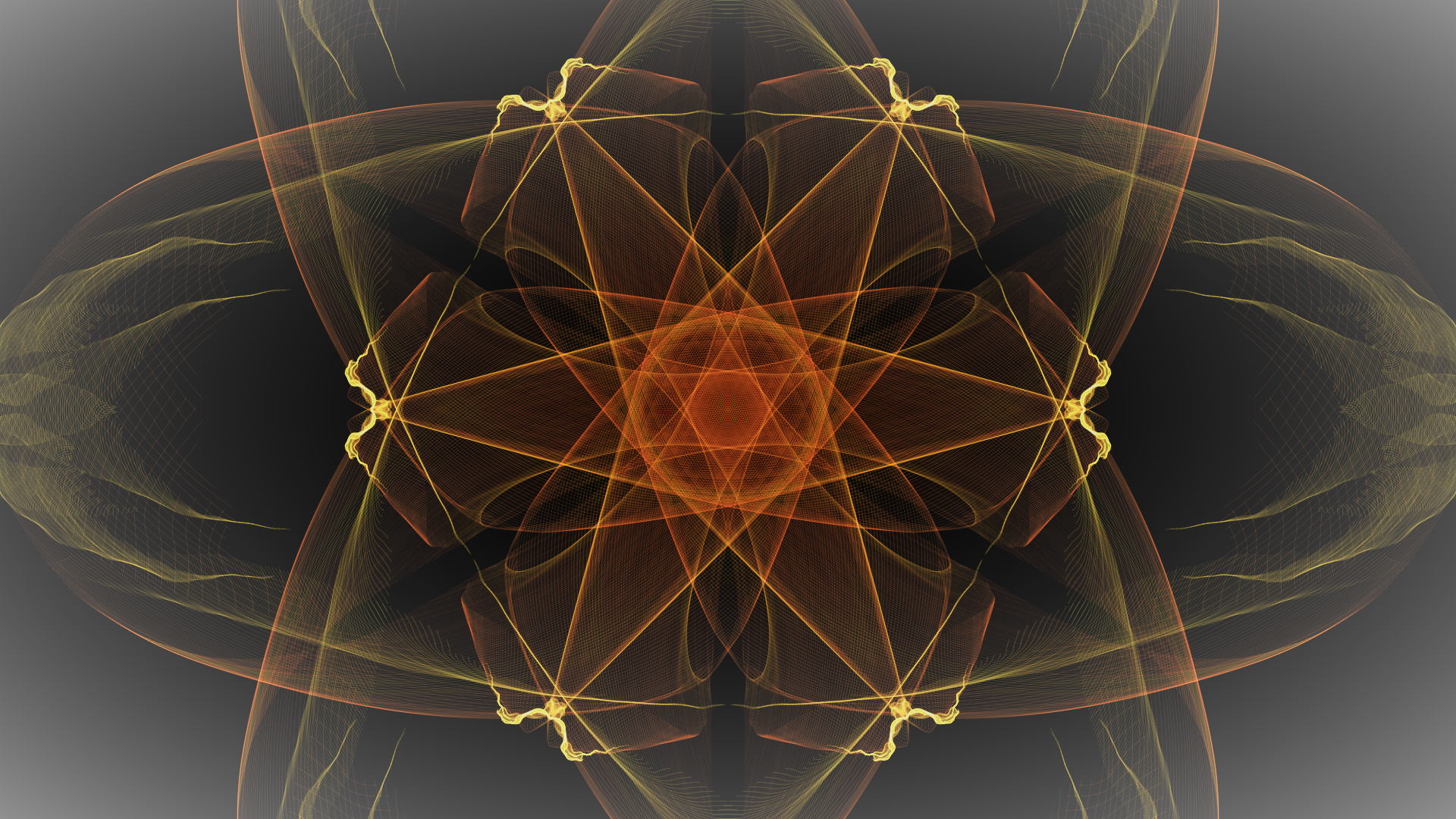Abstract generative pattern in yellow and orange hues forming a symmetrical, glowing design on a dark background, crafted as an HD PC desktop wallpaper.