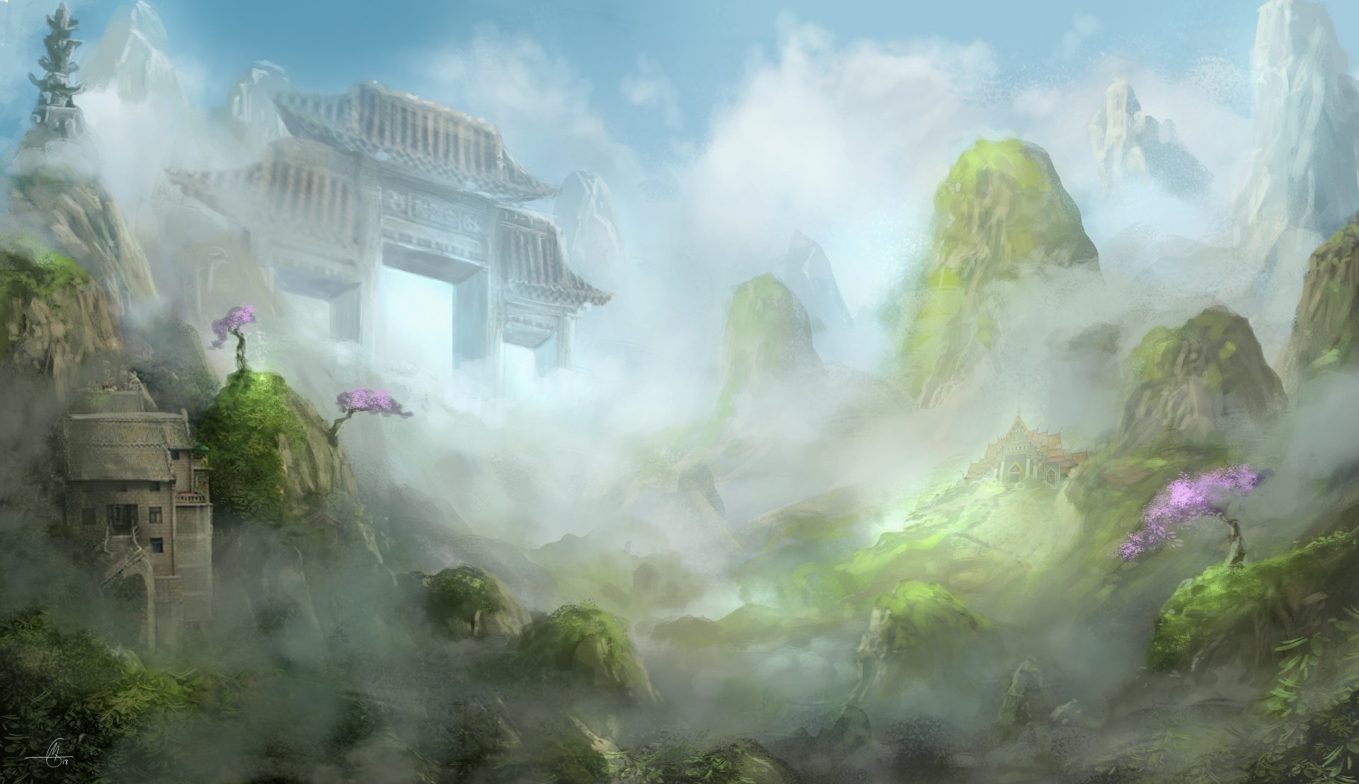 Foggy oriental mountain landscape with a majestic gate emerging through the mist, rendered in stunning 4K Ultra HD for a fantasy PC desktop wallpaper.