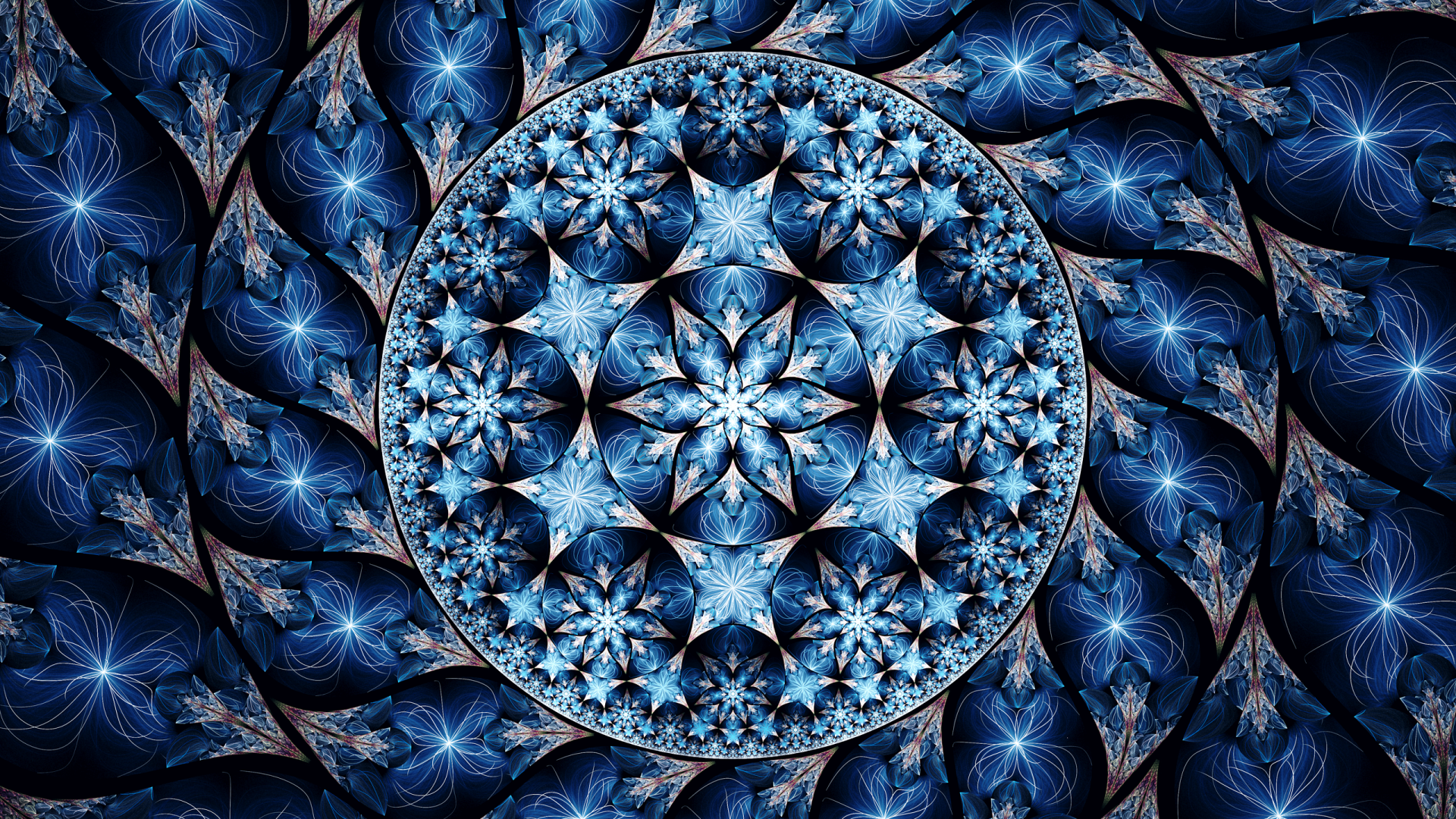 HD PC desktop wallpaper featuring an abstract blue fractal pattern with intricate, repeating star-like shapes creating a mesmerizing geometric design.