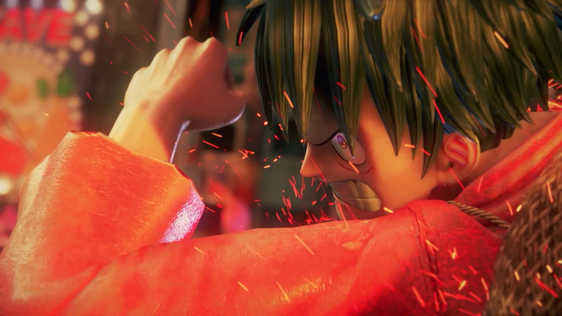Monkey D. Luffy from the video game Jump Force depicted in a dynamic, close-up 4K Ultra HD PC desktop wallpaper showing intense action and fiery effects.