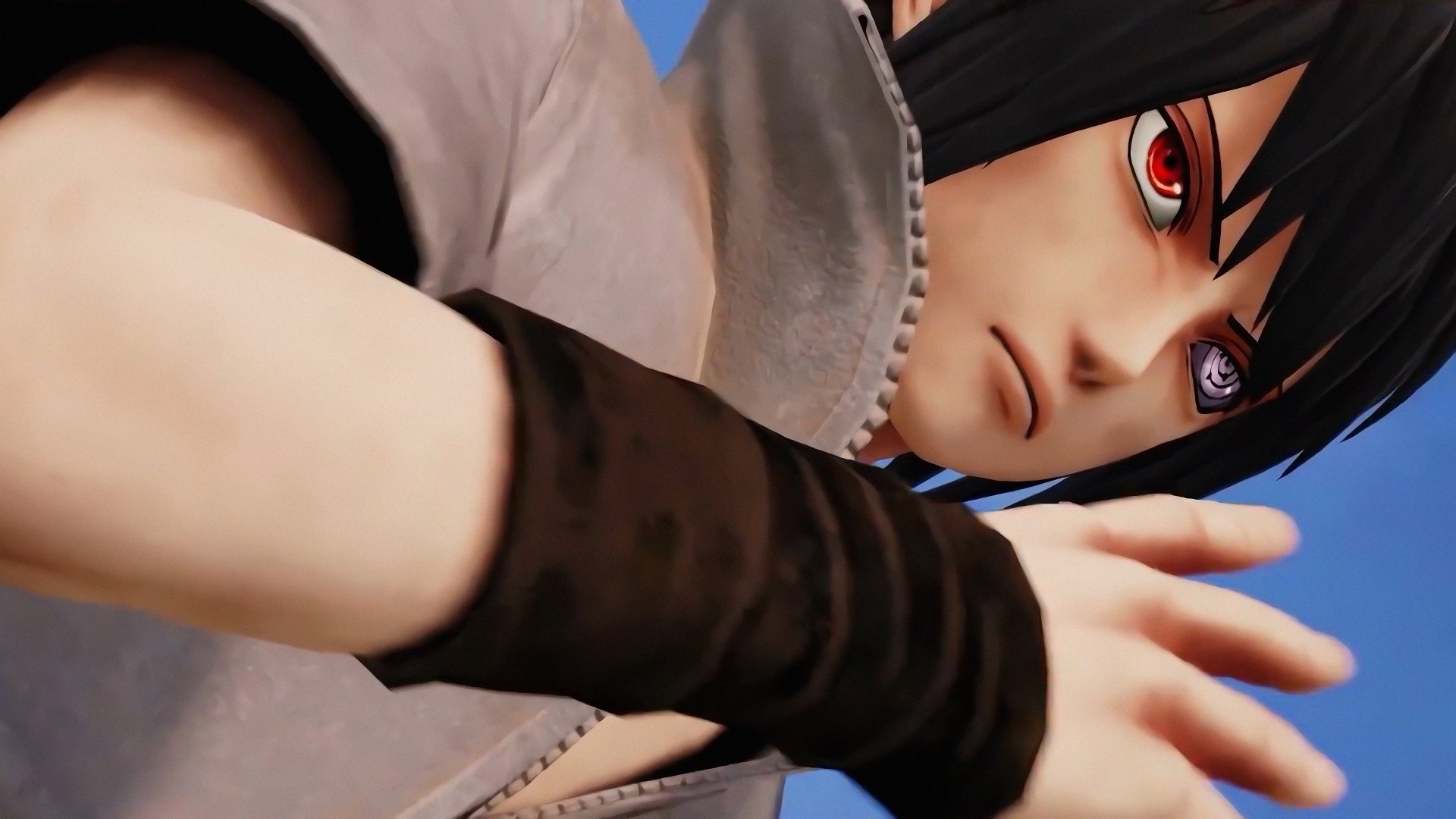 Sasuke Uchiha (Jump Force) close-up with Sharingan, reaching forward against a blue sky — 4K Ultra HD PC desktop wallpaper and video game background.