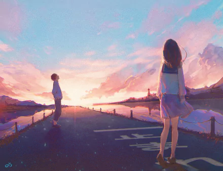 Anime original HD PC desktop wallpaper: two brown‑haired figures—long hair in the foreground, short hair farther away—stand on a waterside road as a vivid sunset fills the sky.