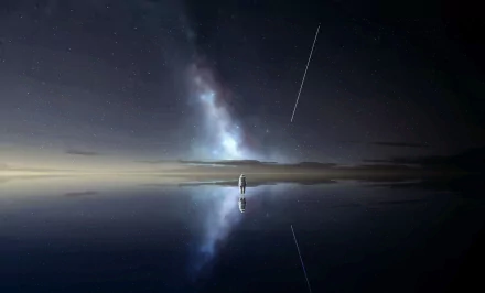 An astronaut stands alone on a reflective surface under a vast starry sky with a luminous galaxy and a shooting star. This high-definition Sci-Fi wallpaper creates a sense of wonder and exploration.