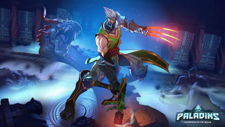 HD PC desktop wallpaper featuring Koga, a dynamic character from the Paladins video game, poised in action with glowing claws and a mystical arena backdrop.