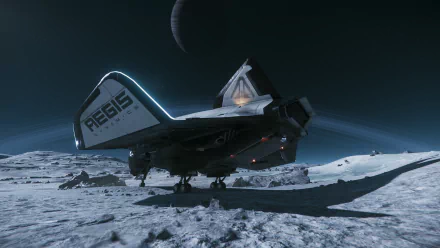 Avenger Titan (Star Citizen) landed on a frozen moon beneath a crescent planet — cinematic space scene, 4K Ultra HD PC desktop wallpaper from the Star Citizen video game.