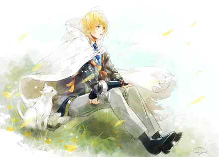 HD anime desktop wallpaper featuring Yamanbagiri Kunihiro from Touken Ranbu, seated on grass with a white cat beside him and petals floating around.