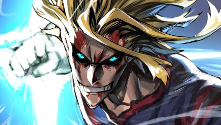 HD desktop wallpaper of All Might, also known as Toshinori Yagi, from the anime My Hero Academia, showcasing a dynamic and intense action pose.