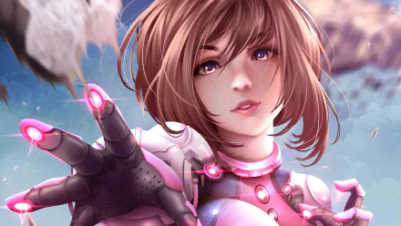 HD desktop wallpaper featuring Ochaco Uraraka from My Hero Academia with short brown hair, purple eyes, and in her hero costume, set against a dynamic background.