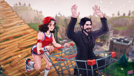 HD desktop wallpaper of Fortnite showing a dynamic scene with a female character in a vintage athletic outfit pushing a male character in a shopping cart down a wooden ramp in a playful manner.