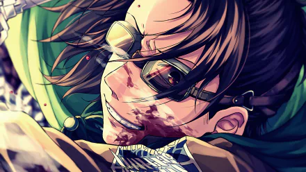 Hange Zoë from Attack on Titan in intense close-up, rendered in vibrant colors for a 4K Ultra HD PC desktop wallpaper.