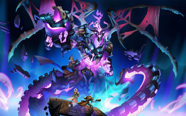 HD PC desktop wallpaper featuring Drogoz from the video game Paladins, showcasing the character in a dynamic, vibrant, and fiery action pose.