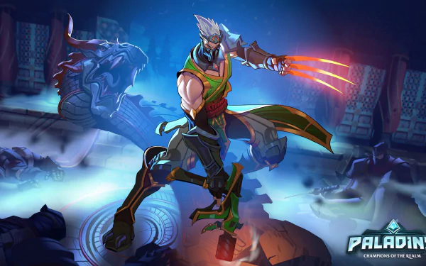 HD PC desktop wallpaper featuring Koga, a dynamic character from the Paladins video game, poised in action with glowing claws and a mystical arena backdrop.