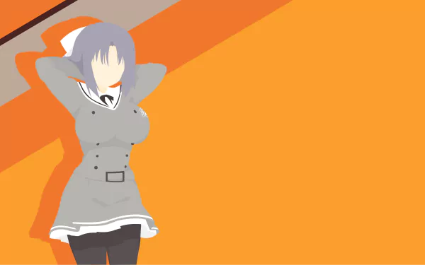 Minimalist anime 8K Ultra HD PC desktop wallpaper of Yumi (Senran Kagura) in a gray school uniform against a bold orange background.