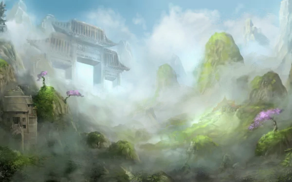 Foggy oriental mountain landscape with a majestic gate emerging through the mist, rendered in stunning 4K Ultra HD for a fantasy PC desktop wallpaper.