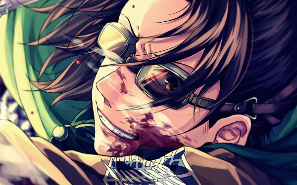 Hange Zoë from Attack on Titan in intense close-up, rendered in vibrant colors for a 4K Ultra HD PC desktop wallpaper.