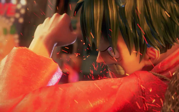 Monkey D. Luffy from the video game Jump Force depicted in a dynamic, close-up 4K Ultra HD PC desktop wallpaper showing intense action and fiery effects.