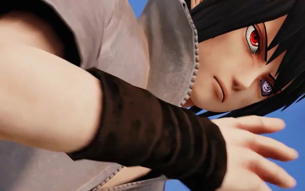 Sasuke Uchiha (Jump Force) close-up with Sharingan, reaching forward against a blue sky — 4K Ultra HD PC desktop wallpaper and video game background.