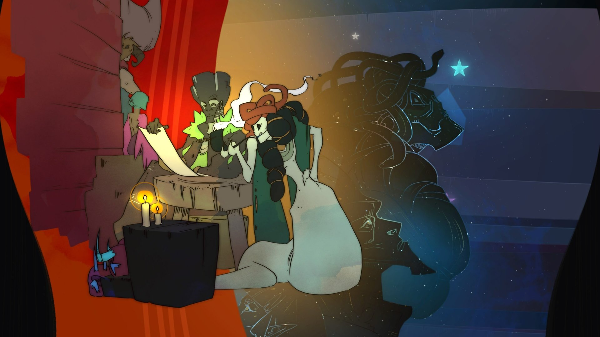 An HD desktop wallpaper featuring characters from the game Pyre, with a mystical and colorful background.