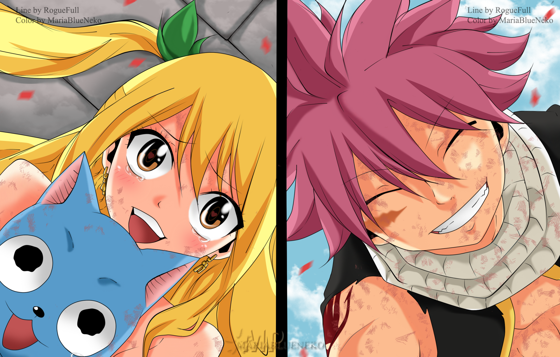 HD anime desktop wallpaper featuring Lucy Heartfilia, Happy, and Natsu Dragneel from Fairy Tail, showcasing their cheerful expressions and dynamic style.