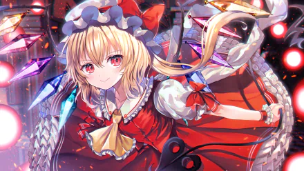 HD PC desktop wallpaper of Flandre Scarlet from Touhou — anime-style portrait in a crimson dress with multicolored crystal wings and glowing red eyes against a dark, magical background.