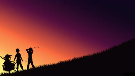 Silhouettes of Kirito and two characters from Sword Art Online against a vibrant orange and purple anime-style sunset, featured in an HD PC desktop wallpaper.