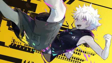 HD desktop wallpaper featuring Killua Zoldyck from Hunter x Hunter anime, depicted jumping joyfully against a striking yellow and black background.