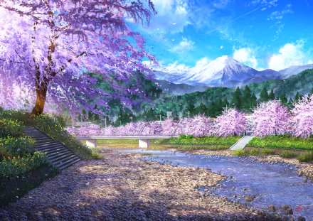 Anime-style HD desktop wallpaper featuring a vibrant river scene with blooming cherry blossoms and distant mountains.