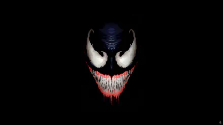 HD comic desktop wallpaper featuring a striking image of Venom's face, with piercing white eyes and a menacing, dripping red and white grin set against a black background.
