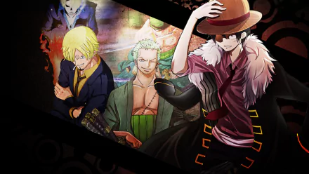 HD PC desktop wallpaper featuring Monkey D. Luffy, Sanji, and Roronoa Zoro from the anime One Piece in dynamic poses with a dark, vibrant background.