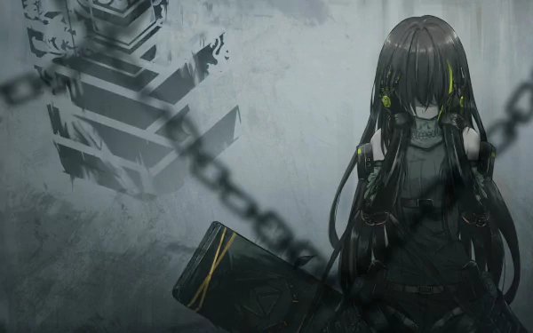 HD desktop wallpaper featuring M4A1 from the video game Girls' Frontline, showing the character in a dark, muted setting with chains and mechanical elements in the background.