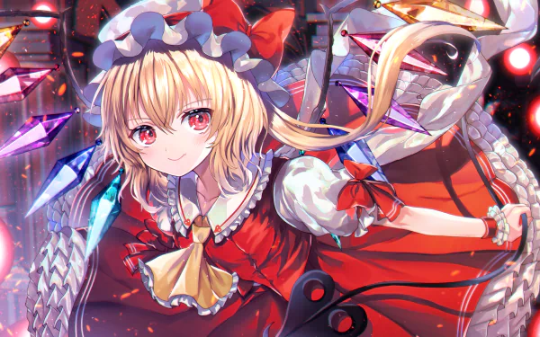 HD PC desktop wallpaper of Flandre Scarlet from Touhou — anime-style portrait in a crimson dress with multicolored crystal wings and glowing red eyes against a dark, magical background.