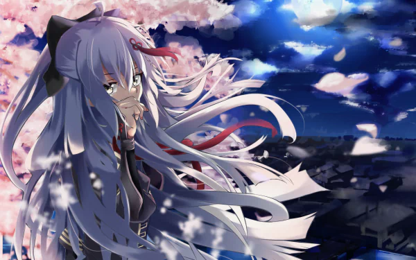 HD anime desktop wallpaper featuring Demon Saber from Fate/Grand Order with flowing white hair against a dramatic night sky and cherry blossom petals.