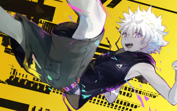 HD desktop wallpaper featuring Killua Zoldyck from Hunter x Hunter anime, depicted jumping joyfully against a striking yellow and black background.