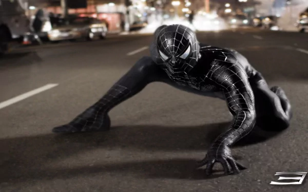 HD PC desktop wallpaper from the movie Spider-Man 3: black-suited Spider-Man crouched on a wet city street at night, symbiote suit glossy and reflective.