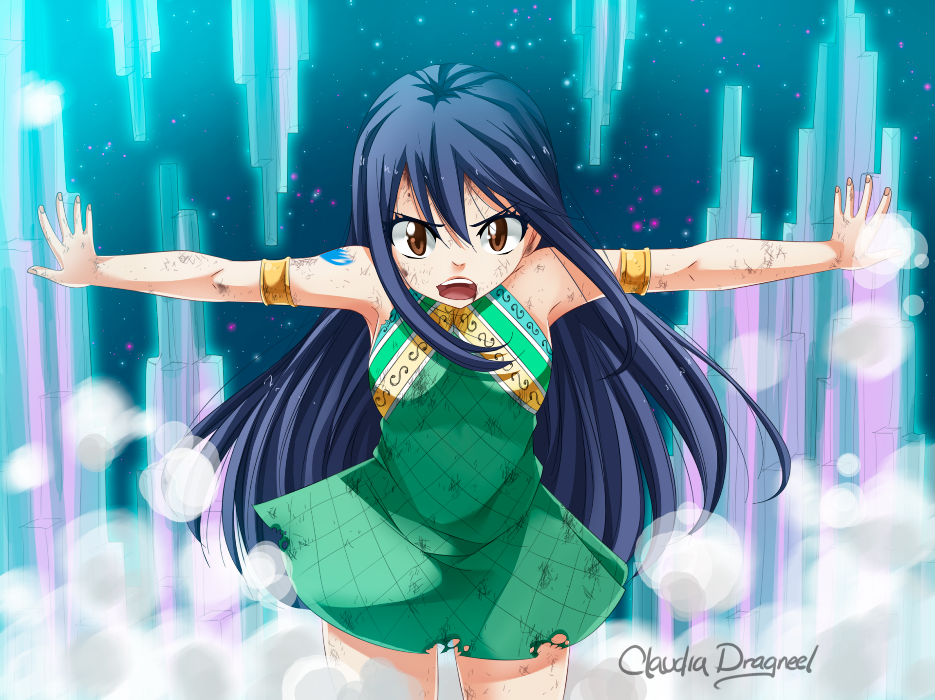 Wendy Marvell from Fairy Tail in a green dress, with long black hair and brown eyes, striking a dynamic pose in this vibrant HD anime desktop wallpaper.
