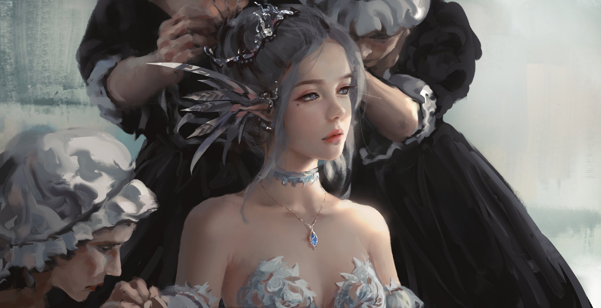 A High-Definition fantasy wallpaper featuring a grey-haired elf with blue eyes and pointed ears, adorned with a necklace. The elf is being attended to by others in the background.