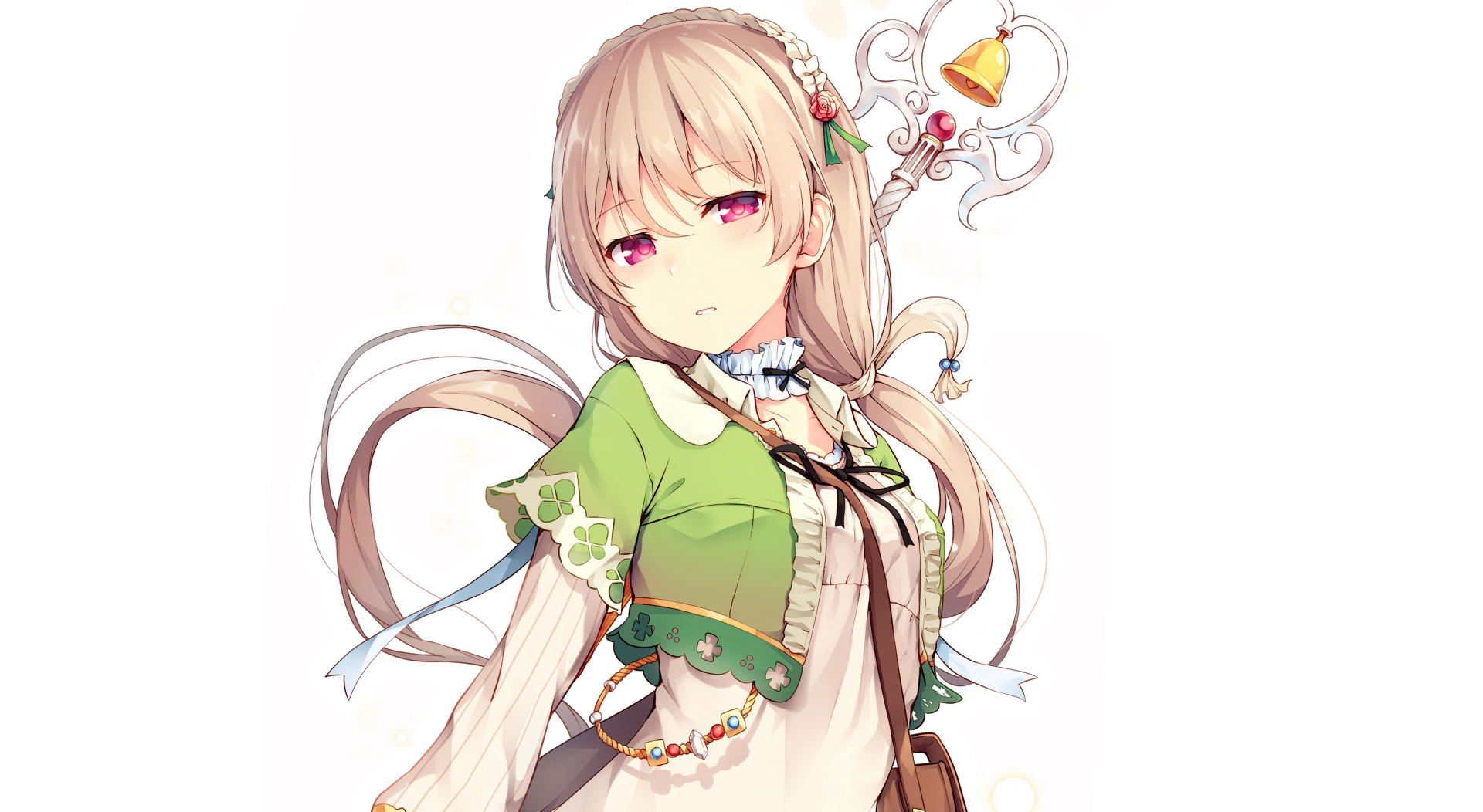 Anime-style HD desktop wallpaper featuring a pensive girl with long blonde hair, dressed in a green and white outfit, adorned with floral accessories.