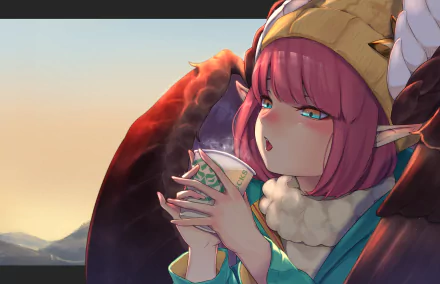 HD PC desktop wallpaper of Circe (Fate/Grand Order): pink‑haired, horned anime mage in a cloak, cradling a steaming cup against a warm sunset over distant mountains.