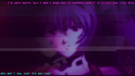 HD PC desktop wallpaper featuring Rei Ayanami from Neon Genesis Evangelion: Evangelion 1.0 You Are (Not) Alone with glitch effects and a purple color scheme.