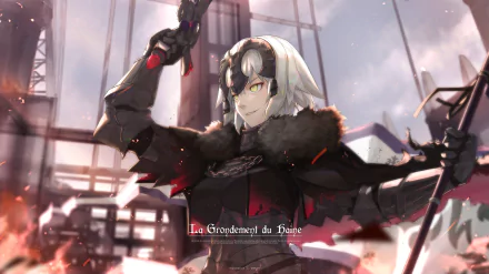 Anime-style HD wallpaper featuring Jeanne d'Arc Alter, the white-haired, yellow-eyed Avenger warrior from Fate/Grand Order, wielding a sword with a fierce expression.