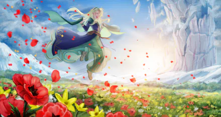 HD PC desktop wallpaper featuring Gelda from Fate/Grand Order in an anime-style vibrant field of flowers with a bright sky and distant snowy mountains.