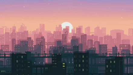 HD desktop wallpaper featuring a pixel art cityscape at sunset, with a gradient sky transitioning from pink to purple and a sun setting behind silhouetted buildings.