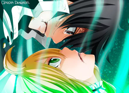 HD PC wallpaper featuring anime characters Mavis Vermilion and Zeref Dragneel from Fairy Tail in an intense, close-up scene with vibrant teal and black tones.