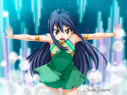 Wendy Marvell from Fairy Tail in a green dress, with long black hair and brown eyes, striking a dynamic pose in this vibrant HD anime desktop wallpaper.