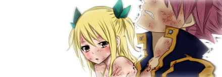 HD PC wallpaper of Fairy Tail's Lucy Heartfilia and Natsu Dragneel, both bruised and bloodied; Lucy faces forward with green ribbons while Natsu appears wounded in profile.