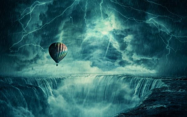 Vehicles Hot Air Balloon Waterfall Storm Lightning Rain HD Wallpaper | Background Image