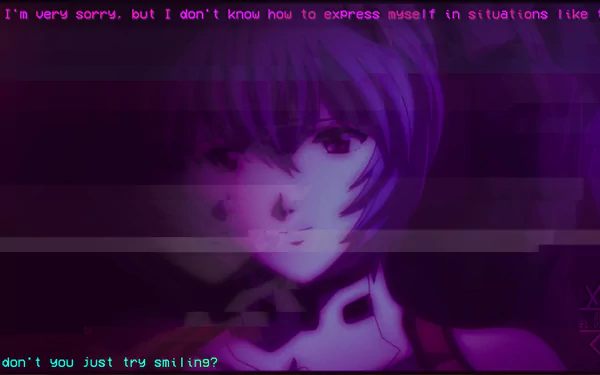 HD PC desktop wallpaper featuring Rei Ayanami from Neon Genesis Evangelion: Evangelion 1.0 You Are (Not) Alone with glitch effects and a purple color scheme.