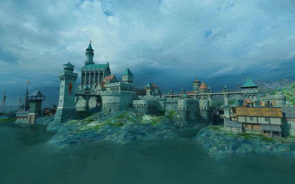 A 4K Ultra HD medieval man-made castle set against a cloudy sky, surrounded by rocky terrain and calm waters, captured as a detailed PC desktop wallpaper.