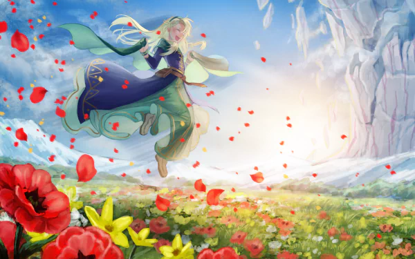 HD PC desktop wallpaper featuring Gelda from Fate/Grand Order in an anime-style vibrant field of flowers with a bright sky and distant snowy mountains.